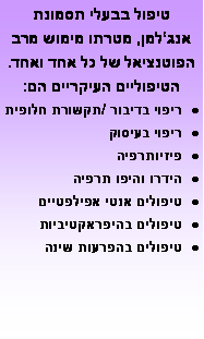 תיבת טקסט: טיפול בבעלי תסמונת אנגלמן, מטרתו מימוש מרב הפוטנציאל של כל אחד ואחד.הטיפוליים העיקריים הם: ריפוי בדיבור /תקשורת חלופית ריפוי בעיסוקפיזיותרפיההידרו והיפו תרפיהטיפולים אנטי אפילפטייםטיפולים בהיפראקטיביותטיפולים בהפרעות שינה